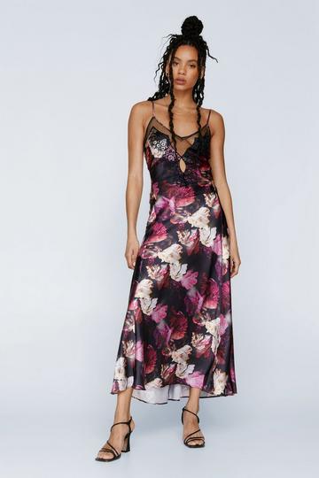 Dark Floral Satin Maxi Slip Dress black