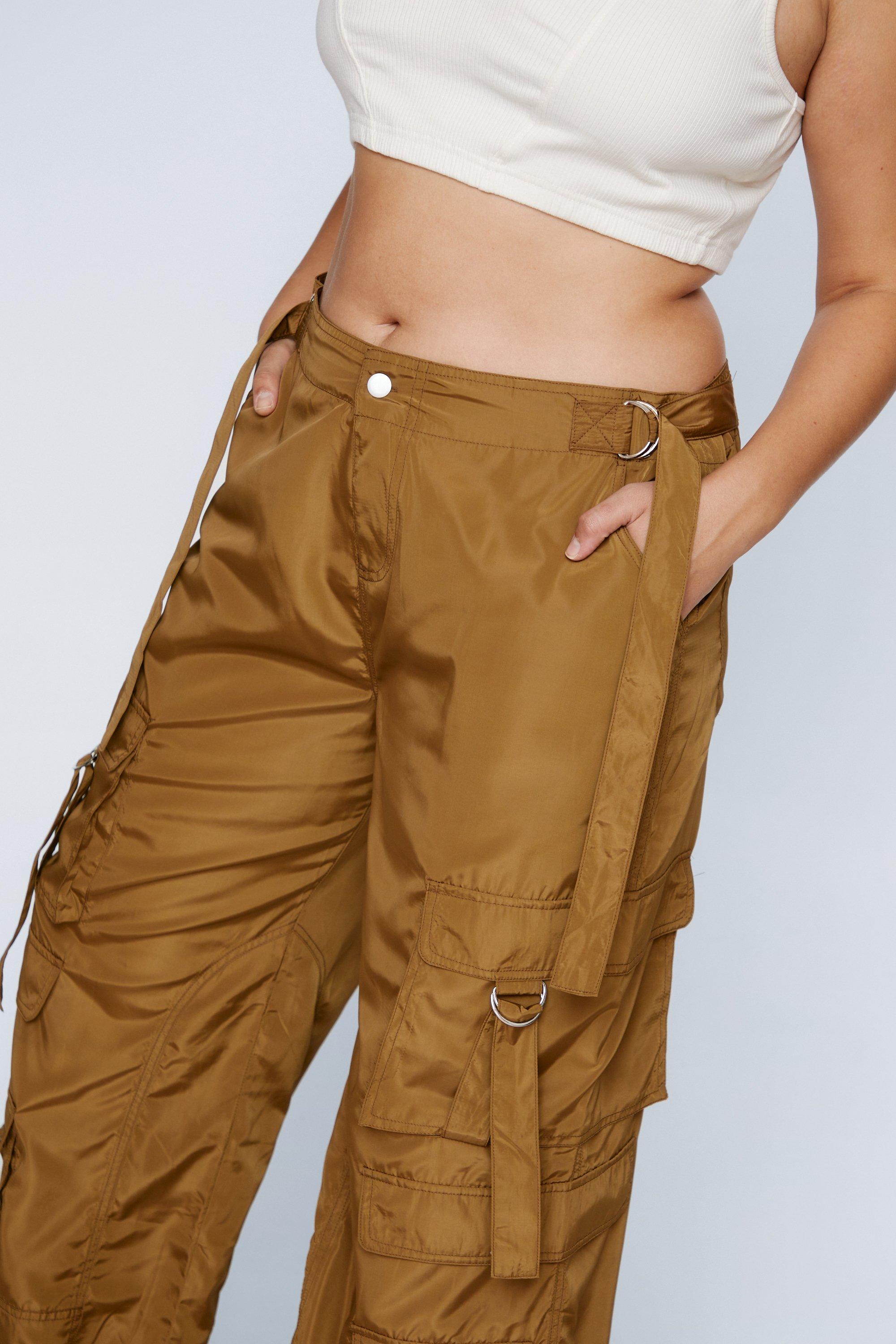 Plus Size Nylon Wide Leg Cargo Pants - Khaki