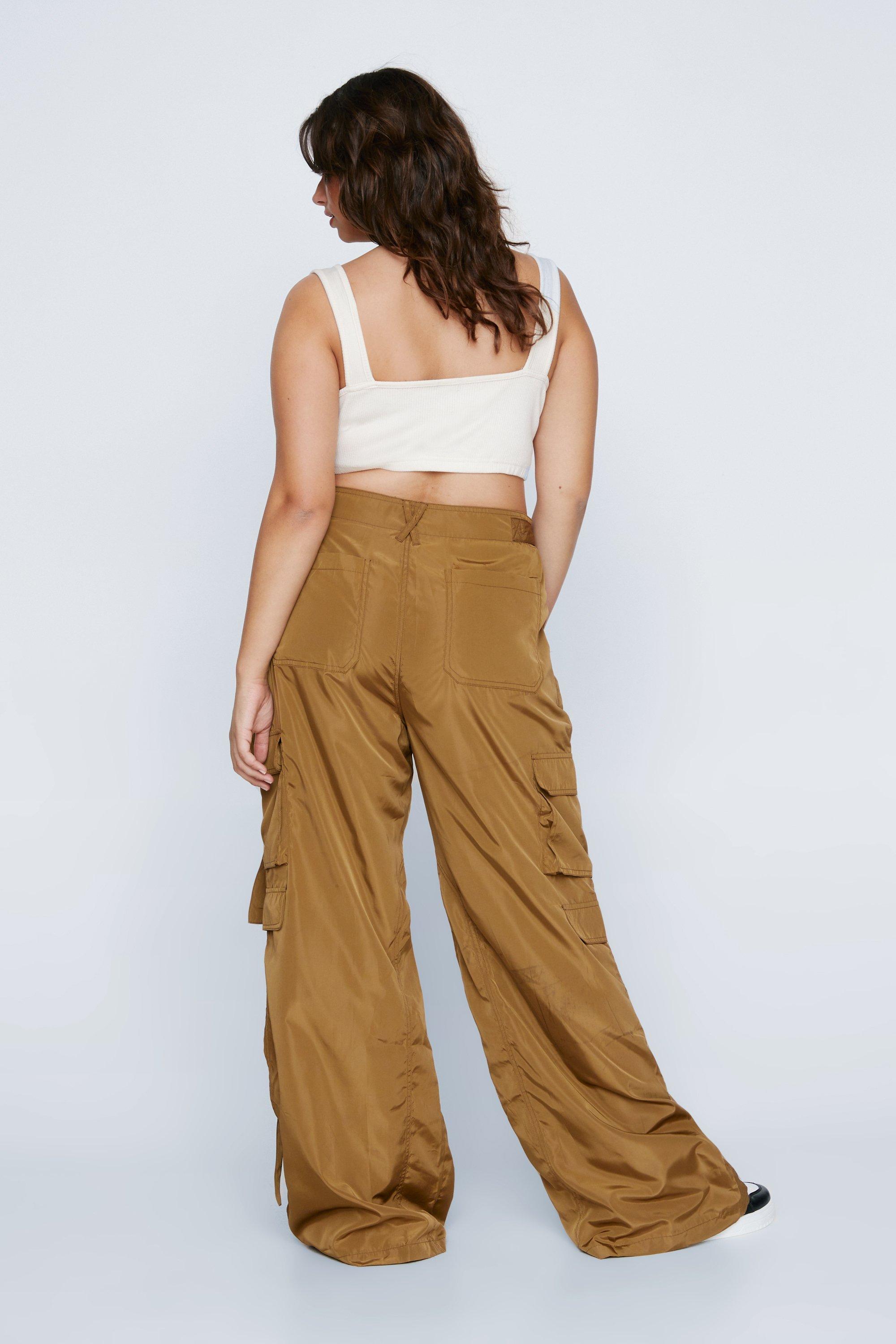 Plus Brown Pu Wide Leg High Waist Cargo Pants