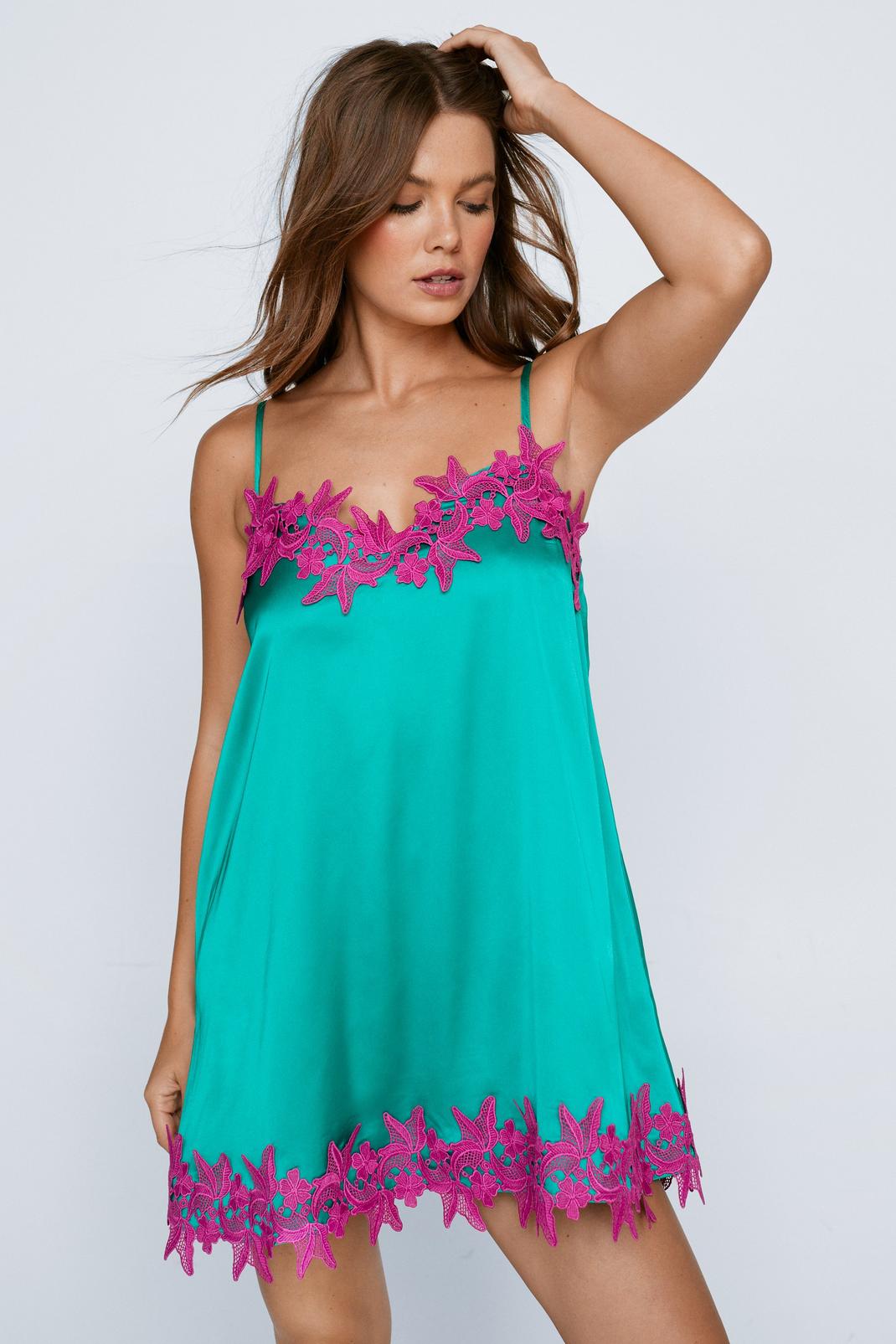 Green Satin Contrast Lace Trim Nightie Slip Dress image number 1