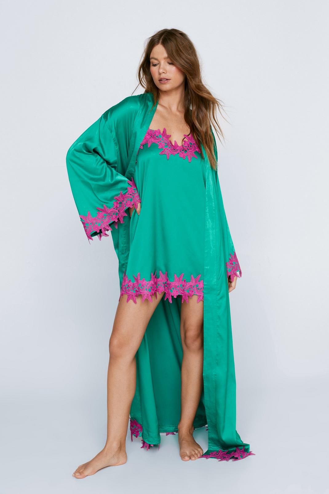 Green Satin Contrast Lace Trim Maxi Robe image number 1