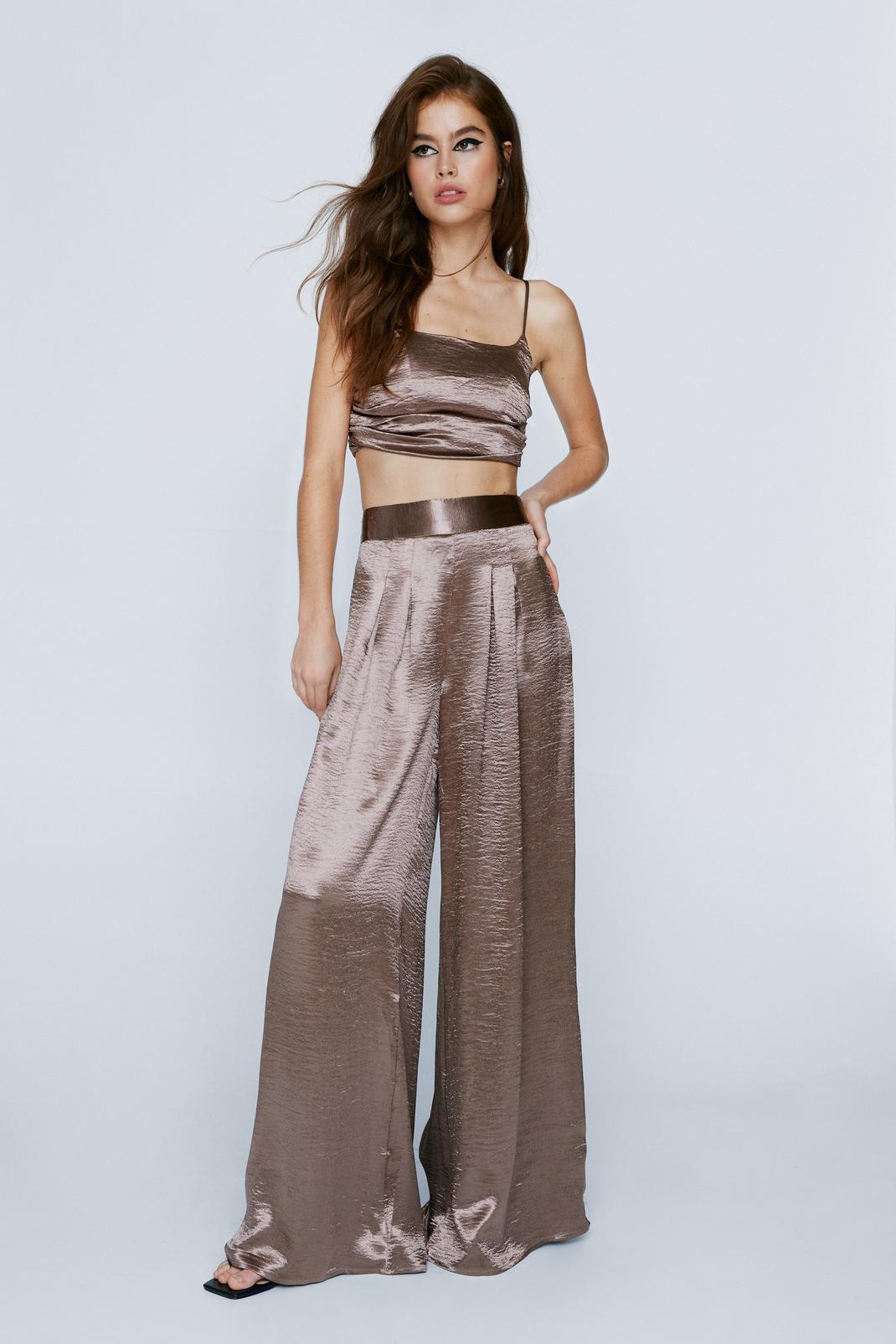 Chocolate Wide Leg Hammered Satin Trousers image number 1