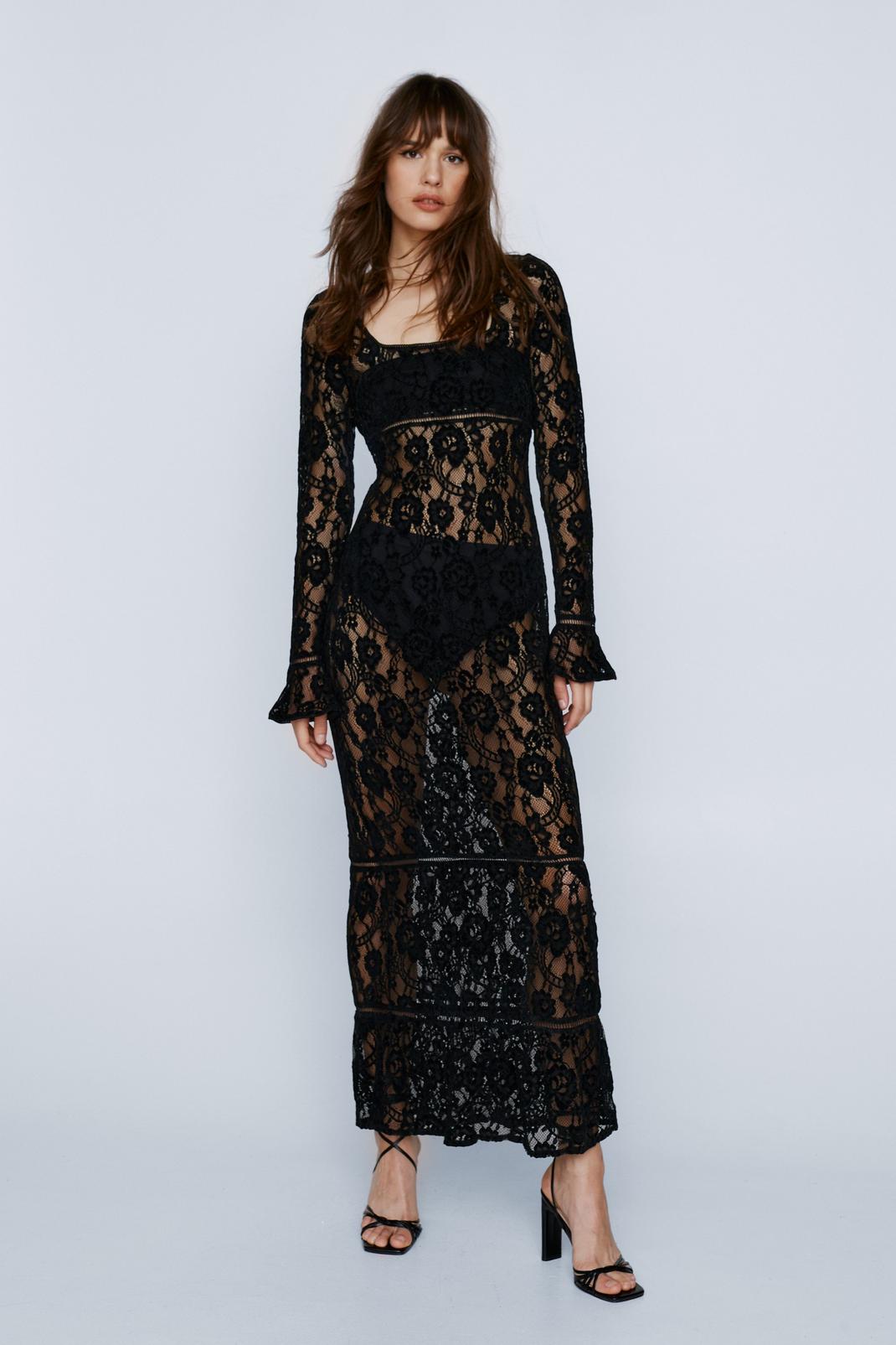 Black Velvet Lace Trumpet Sleeve Maxi Dress image number 1