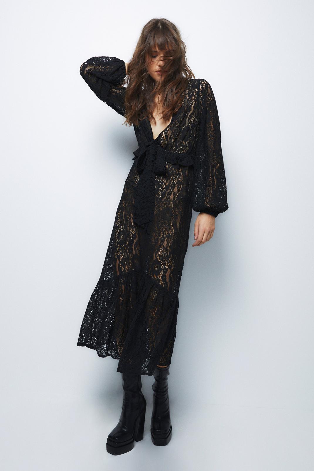 Black Lace Knot Front Maxi Dress image number 1