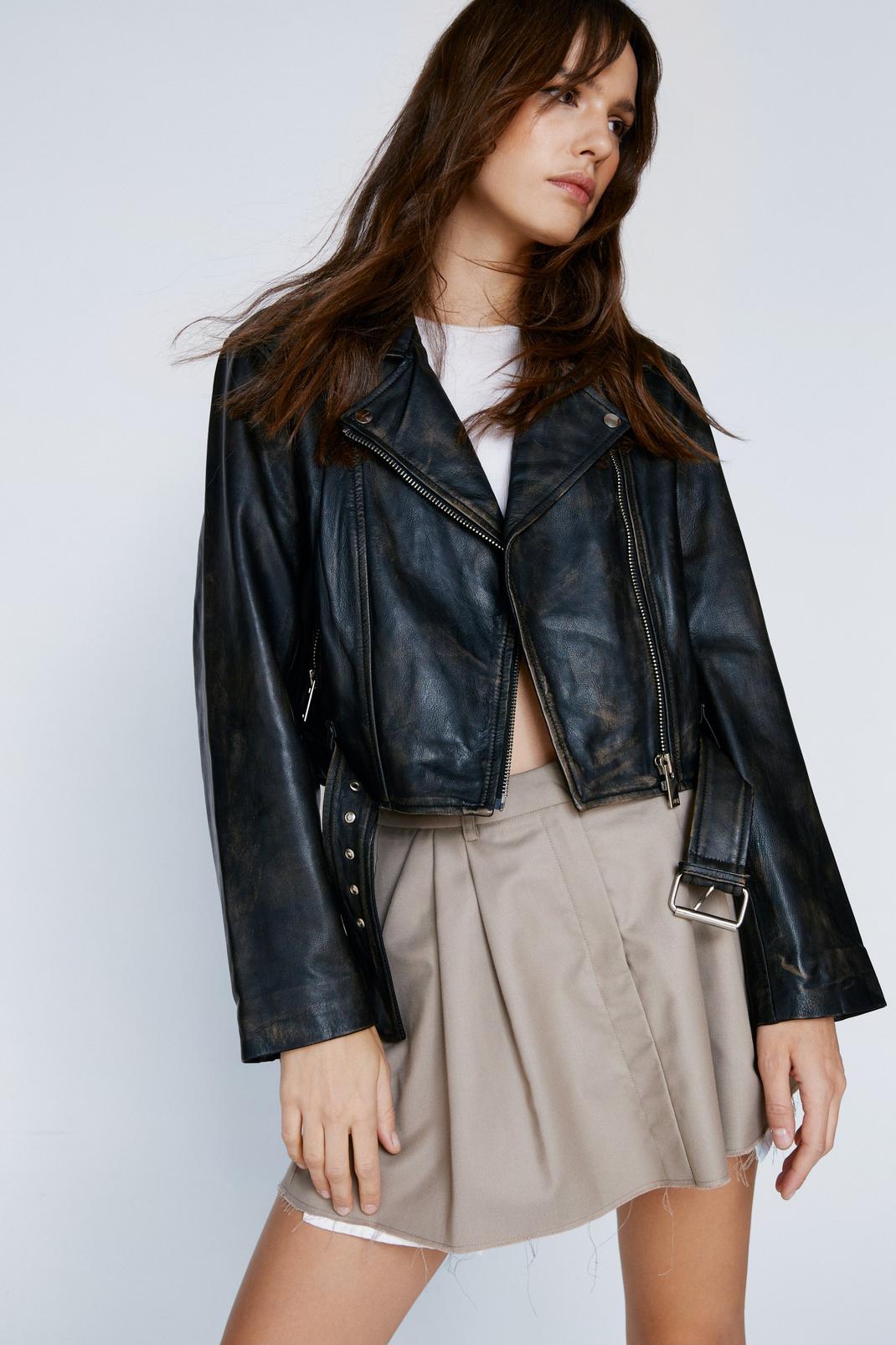 Cropped distressed leather jacket