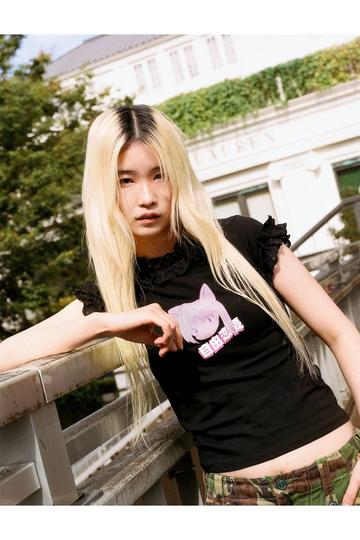 Black Anime Graphic Lace Trim T-shirt