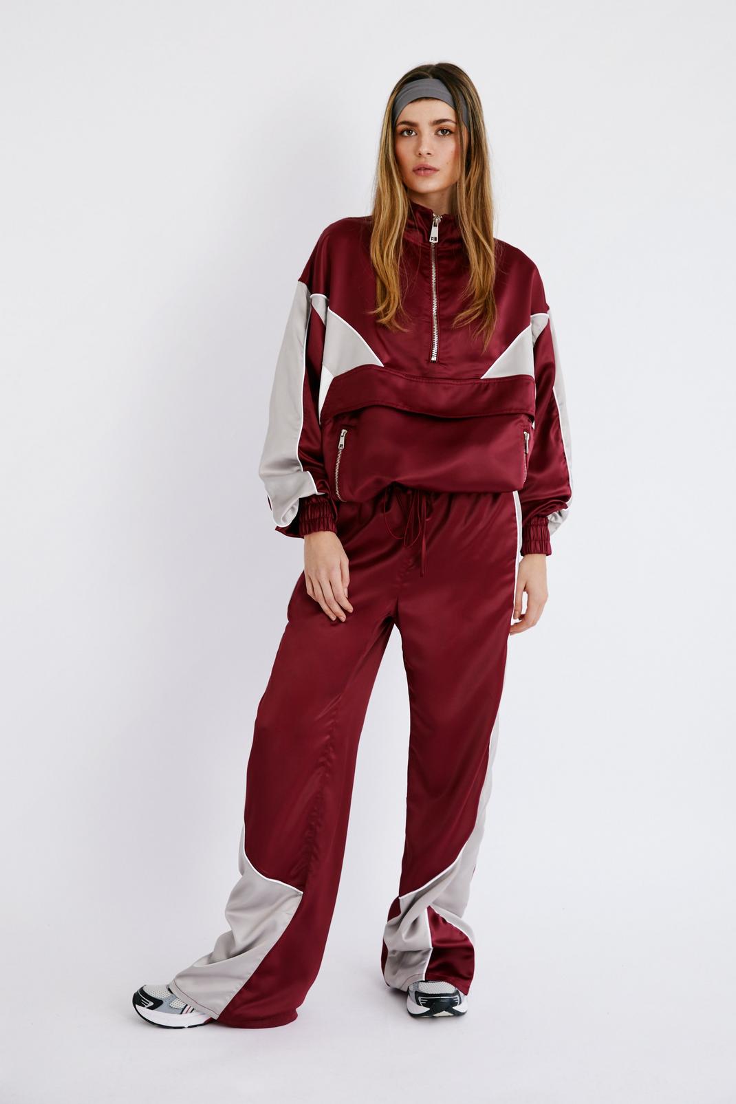 Burgundy Satin Colorblock Sporty Joggers image number 1