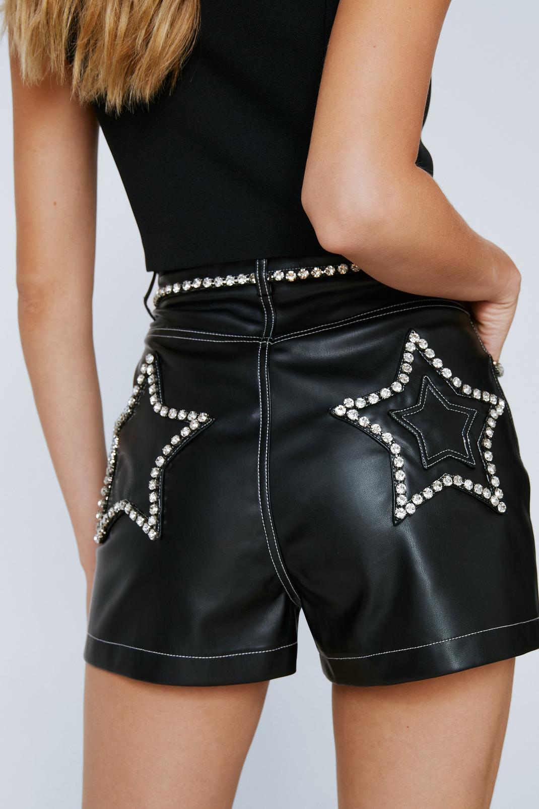 Black Premium Faux Leather Diamante Star Detail Shorts image number 1