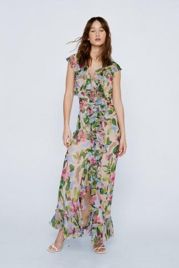 Pink Petite Floral Ruffle Front Maxi Dress