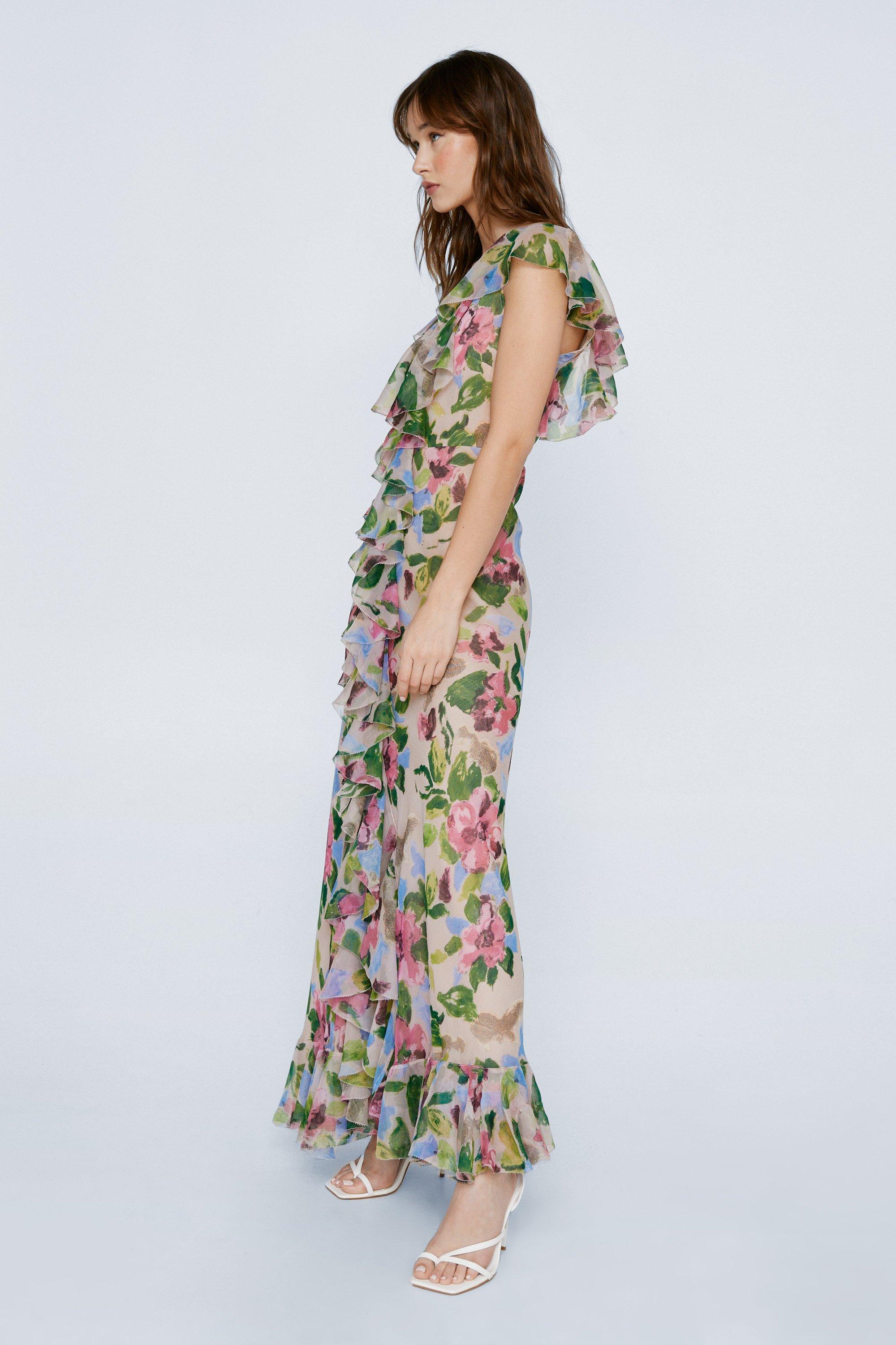 Petite Floral Tiered Ruffle Fitted Maxi Dress