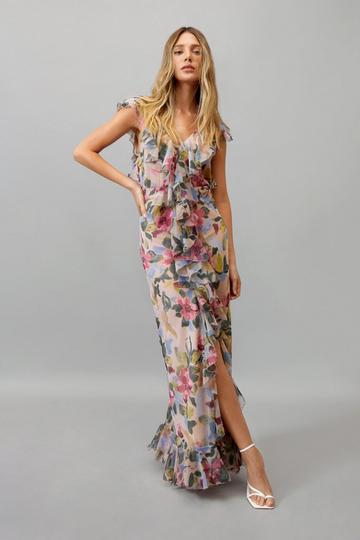 Pink Floral Ruffle Front Maxi Dress