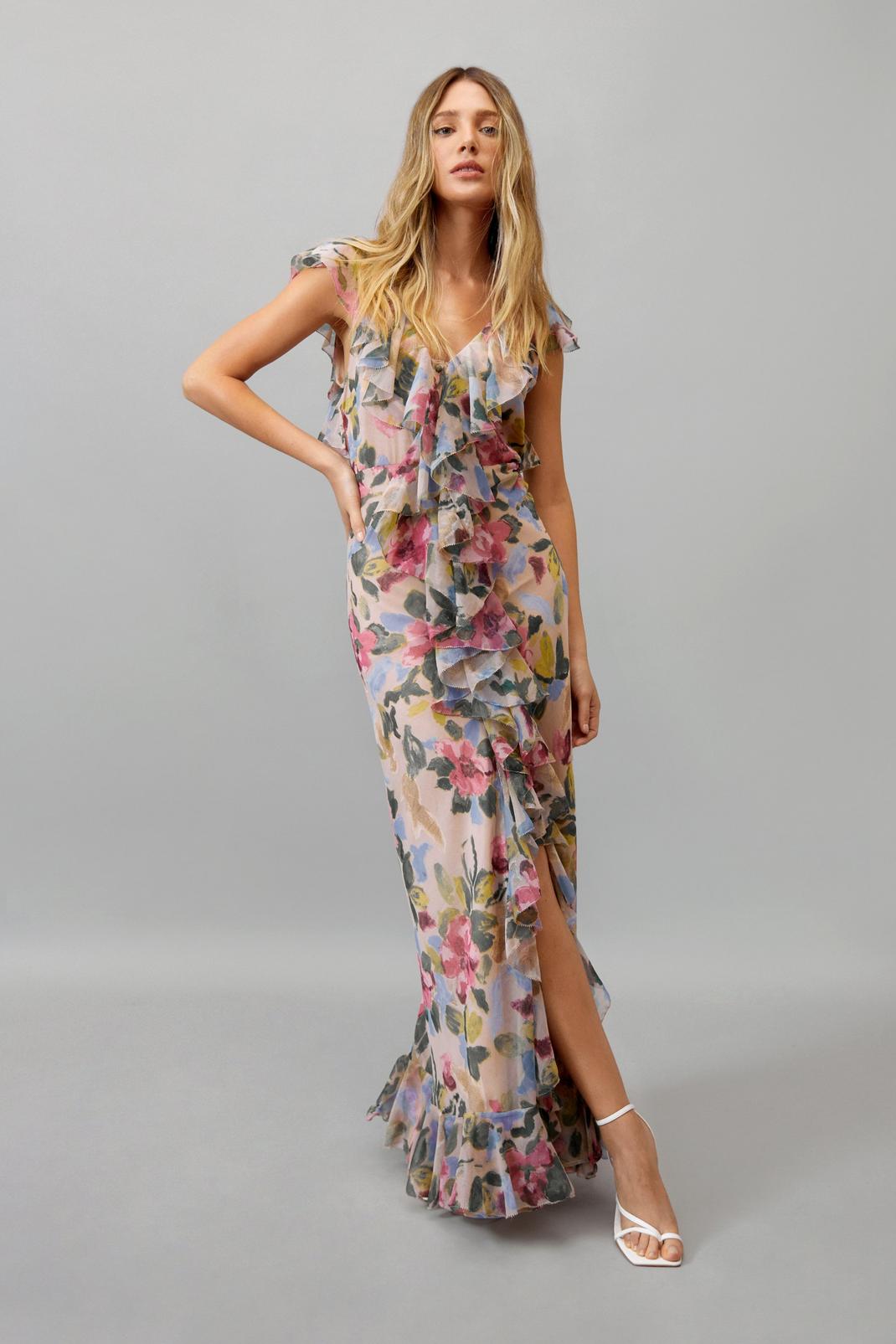 Pink Floral Ruffle Front Maxi Dress image number 1