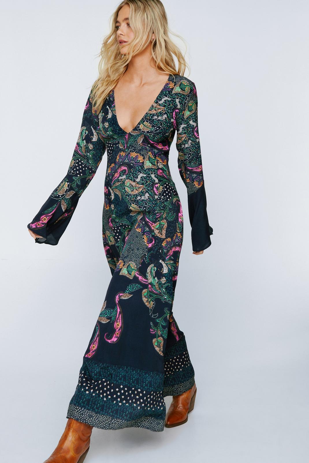 Navy Placement Paisley Flared Sleeve Maxi Dress image number 1