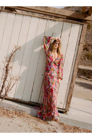 Pink Tiered Floral Plunge Maxi Dress