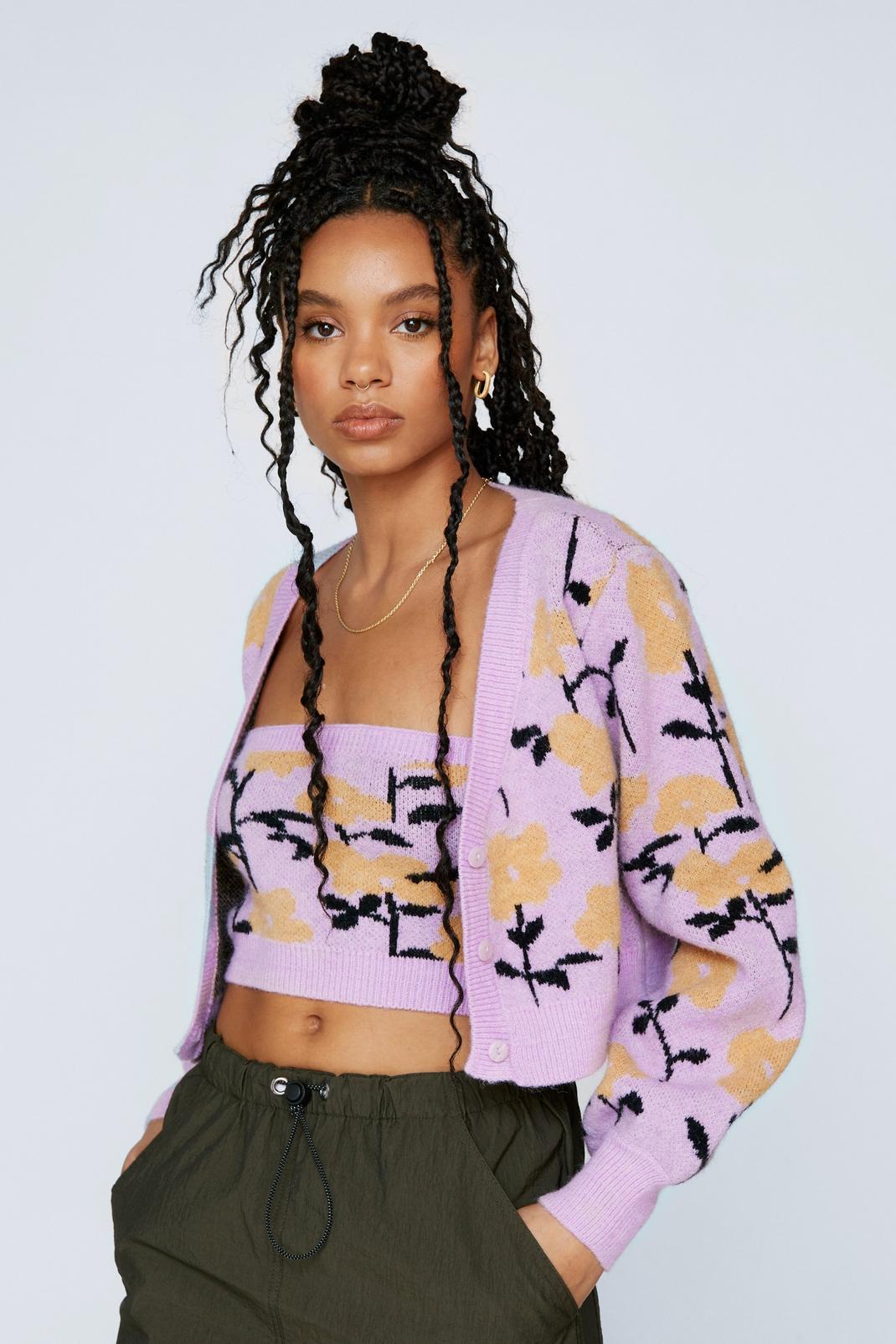 Lilac Floral Knitted Cropped Cardigan image number 1