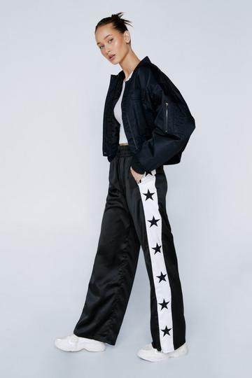 Black Petite Embroidered Star Taping Detail Satin Trouser