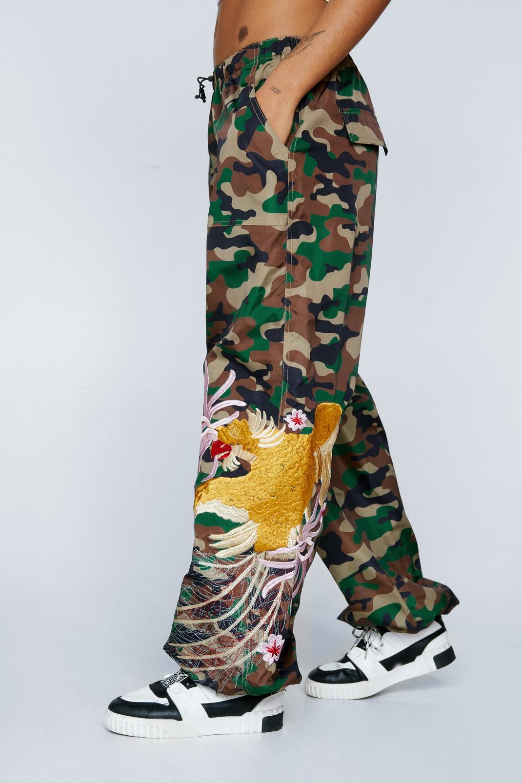 Camo Embroidered Nylon Mid Rise Cargo Pants image number 1