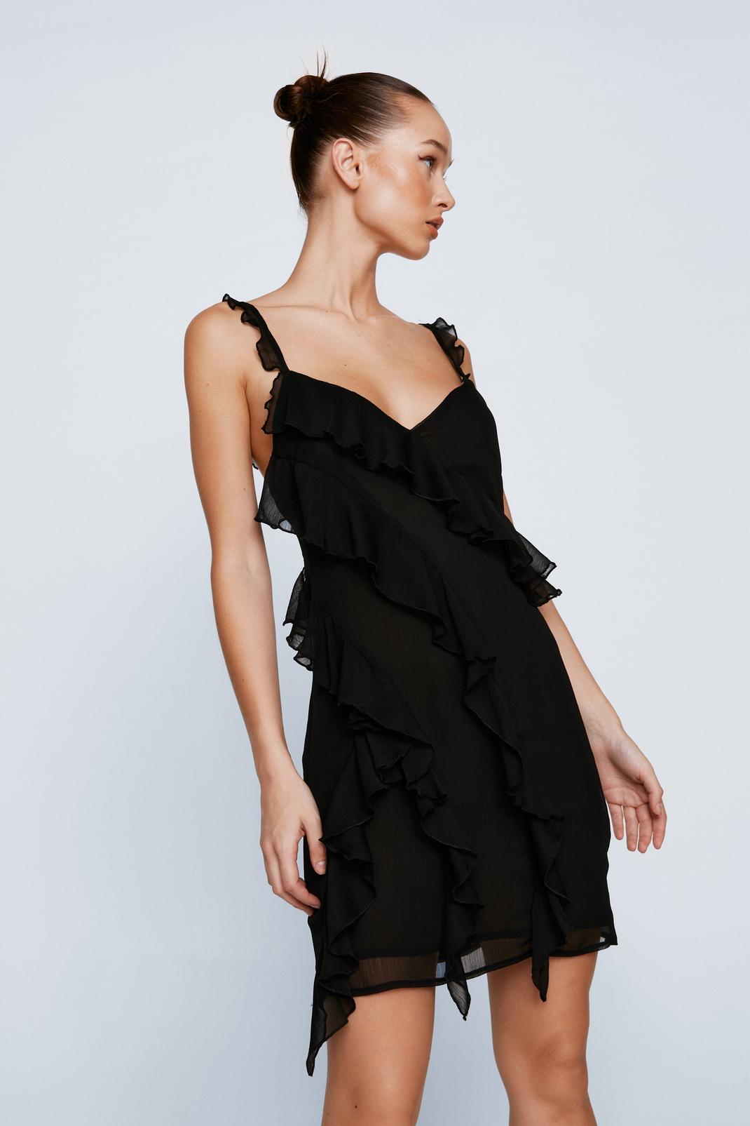 Petite - Mini robe en mousseline de soie à volants, Black image number 1