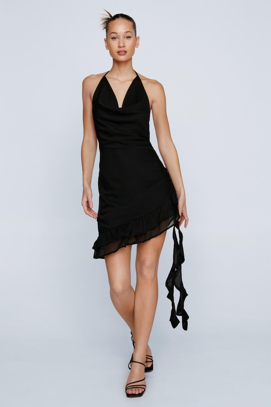 Black Chiffon Ruffle Halterneck Mini Dress image number 1