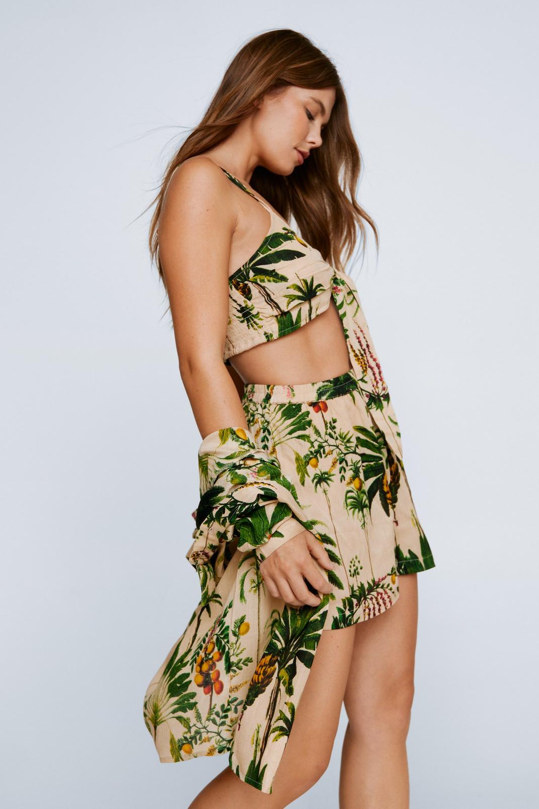Crinkle Viscose Palm Tree Tie Bralette And Shirt 3pc Shorts Set