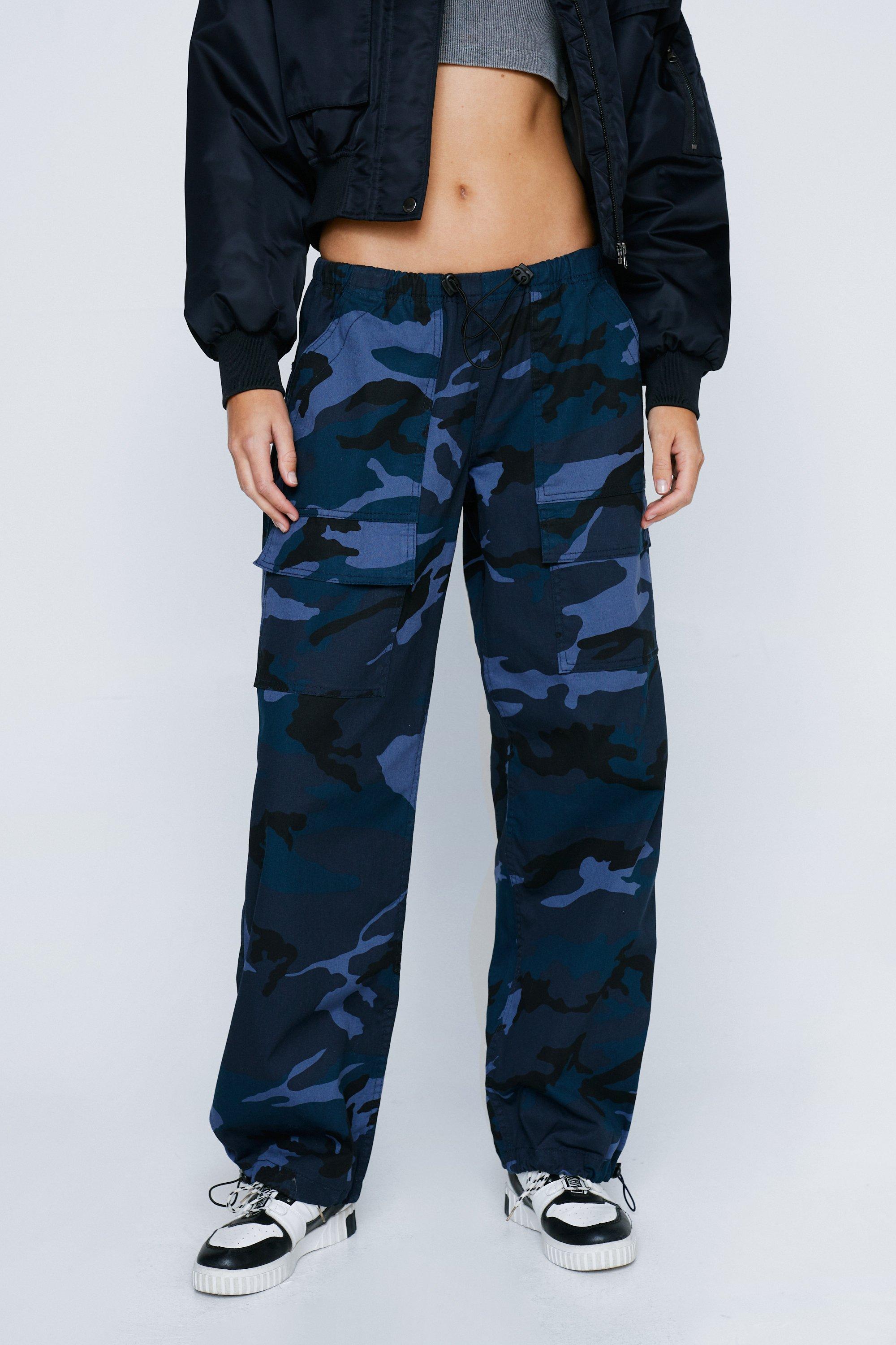 Washed Camo Mid Rise Dual Hem Cargo Pants