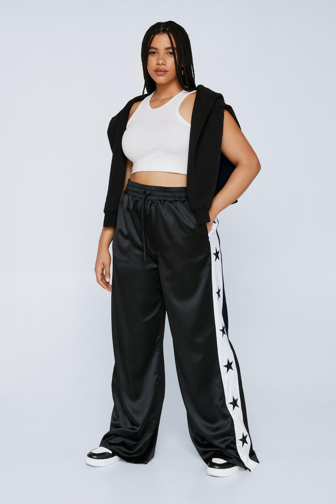 Black Plus Size Embroidered Star Satin Pants image number 1