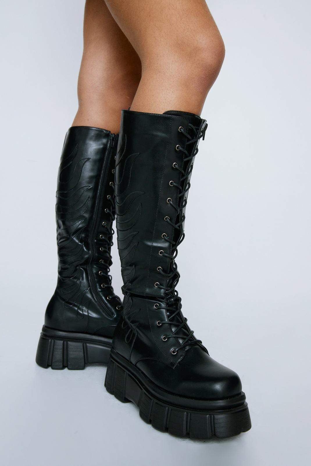 Black Faux Leather Flame Chunky Biker Boots image number 1