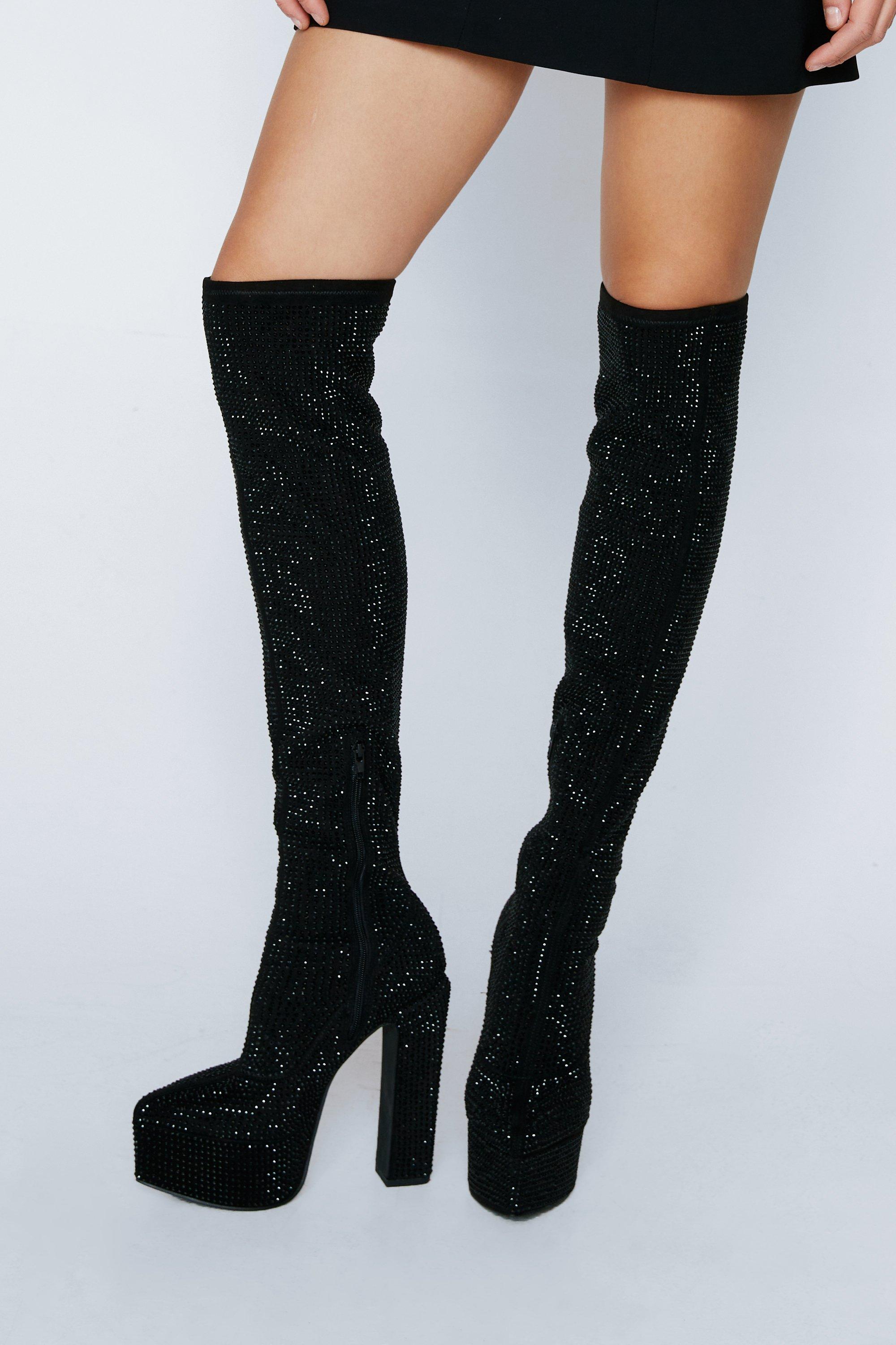 thigh high black glitter boots