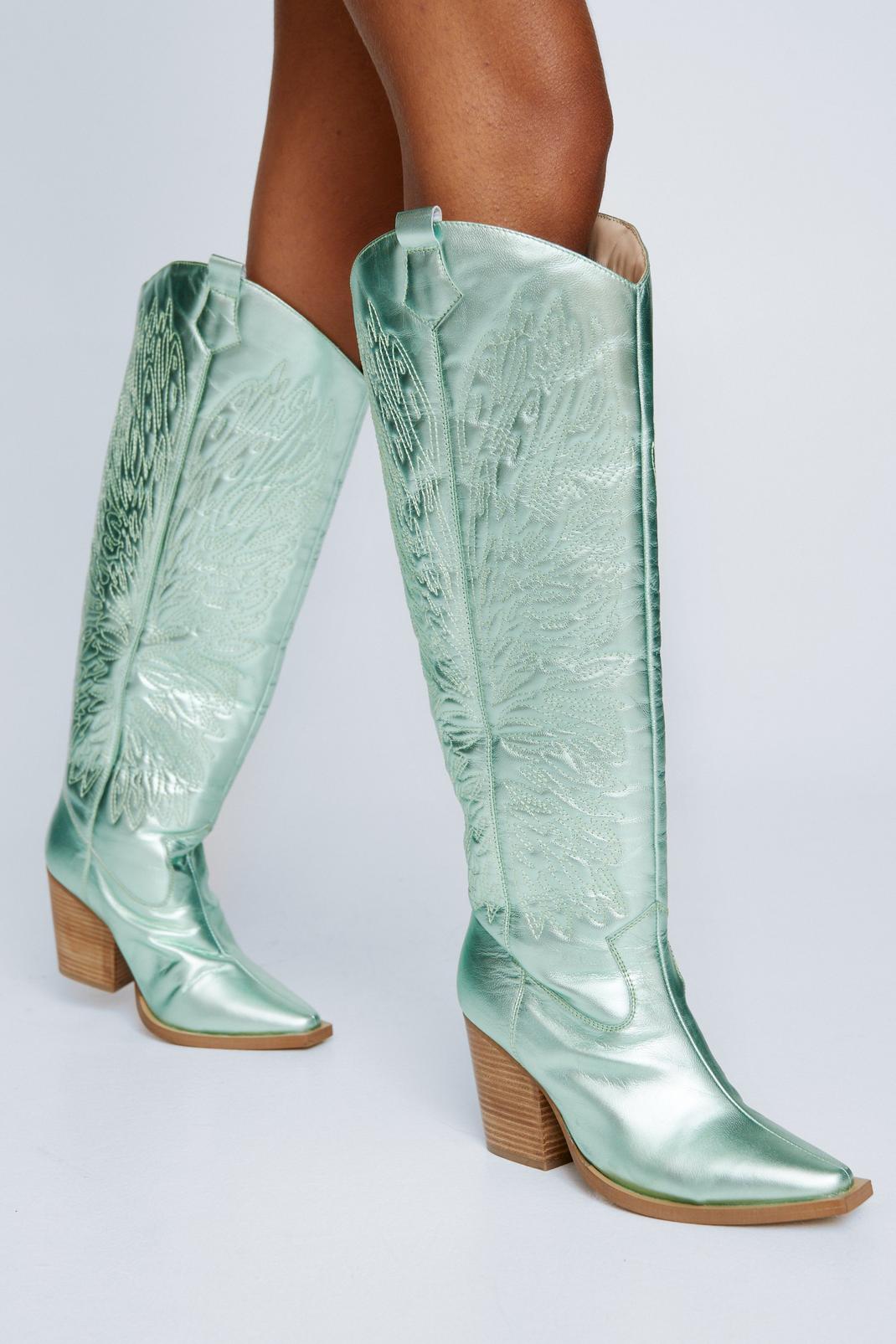 Green Leather Metallic Butterfly Embroidery Knee High Cowboy Boots image number 1