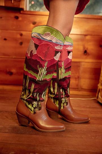Leather Embroidered Landscape Knee High Cowboy Boots brown
