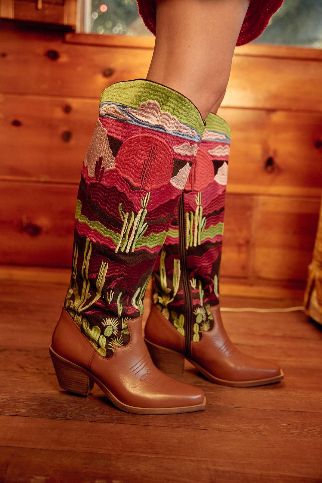 Brown Leather Embroidered Landscape Knee High Cowboy Boots image number 1
