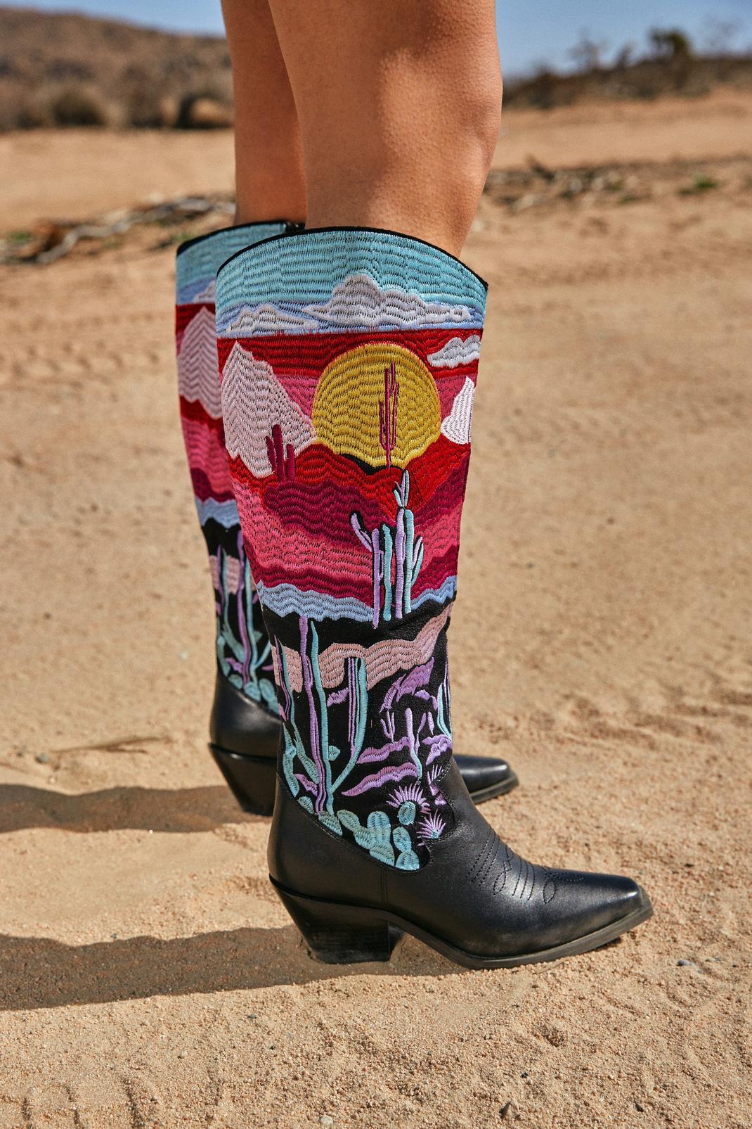 Multi Leather Embroidered Landscape Knee High Cowboy Boots image number 1