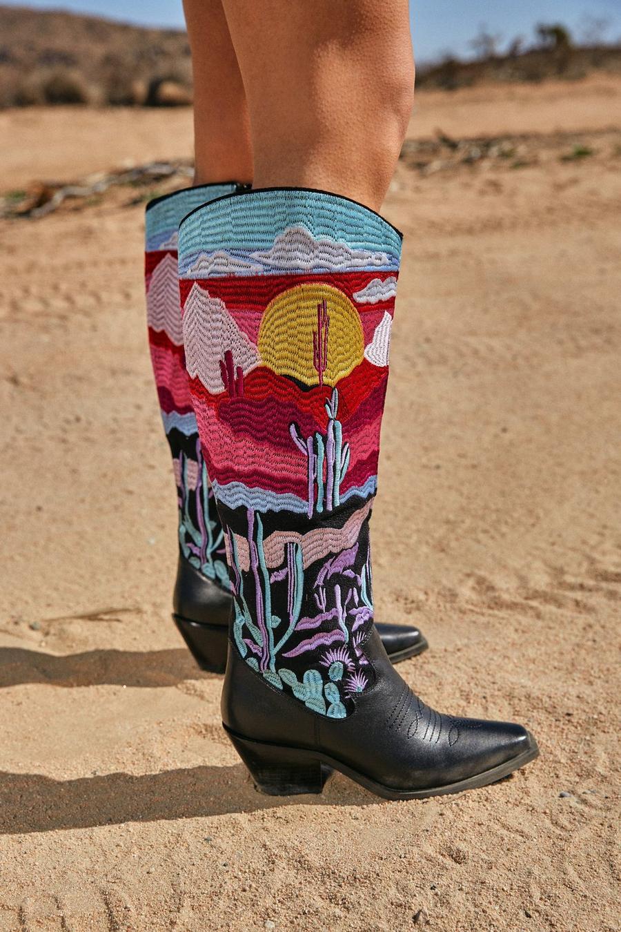 Leather Embroidered Landscape Print Knee High Western Boot