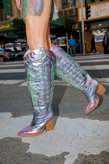 Leather Metallic Butterfly Knee High Cowboy Boots lilac