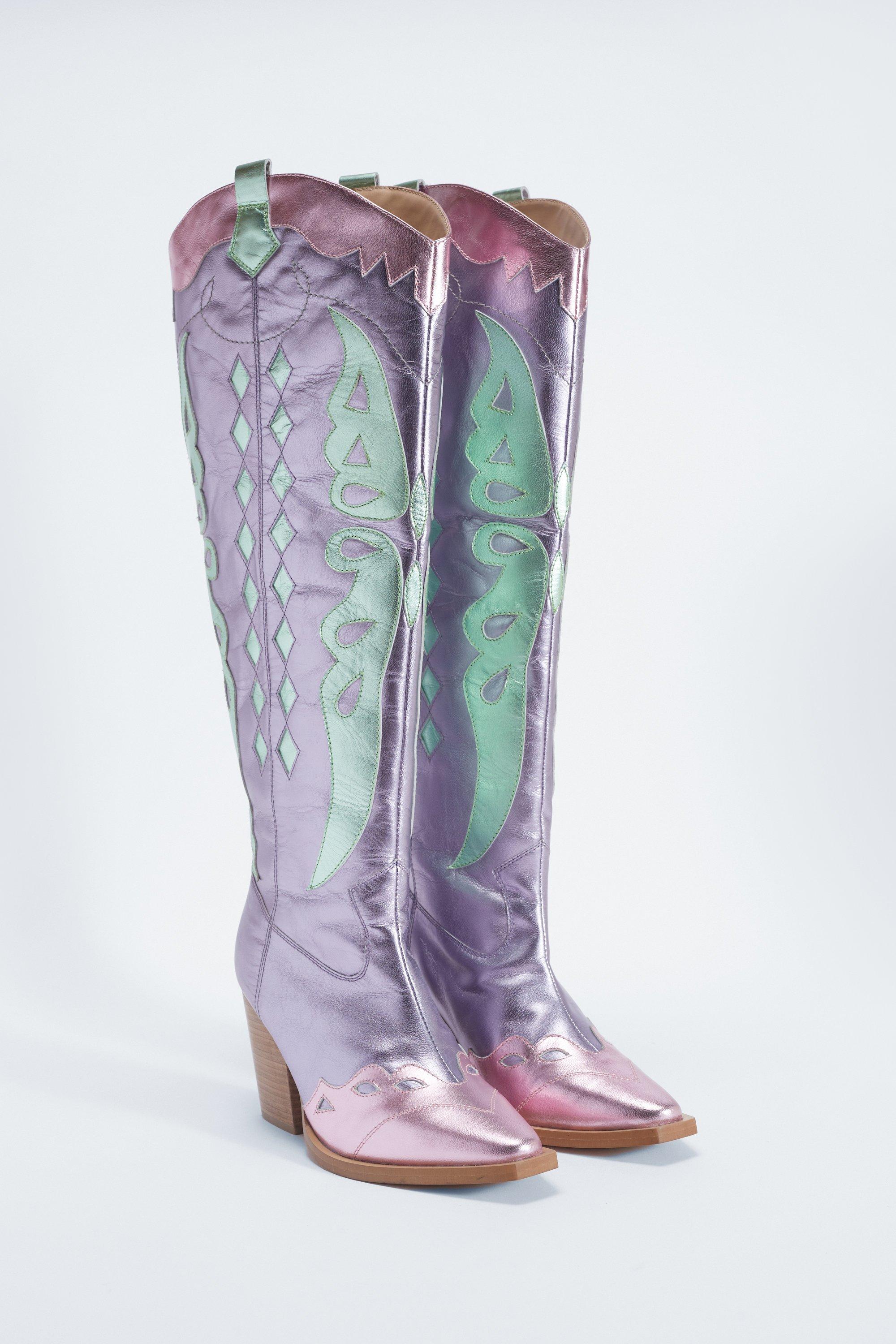 Leather Metallic Butterfly Knee High Cowboy Boots