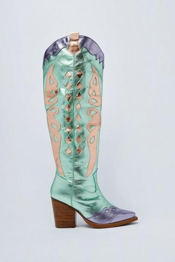 Leather Metallic Butterfly Knee High Cowboy Boot turquoise
