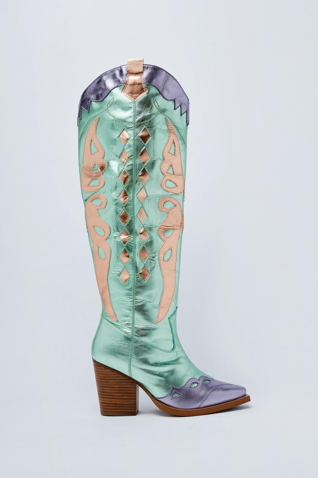 Turquoise Leather Metallic Butterfly Knee High Cowboy Boots image number 1