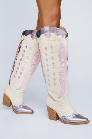 Cream White Leather Metallic Butterfly Knee High Cowboy Boot