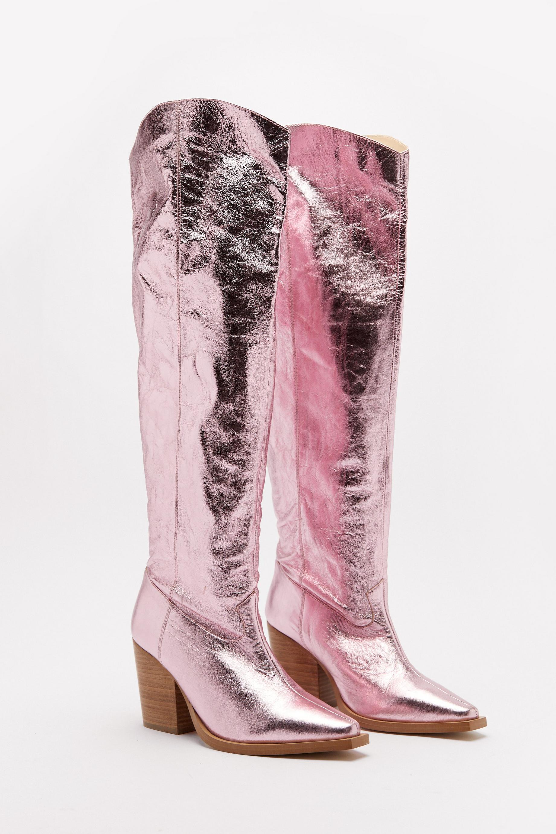 Leather Metallic Slouchy Knee High Western Boot