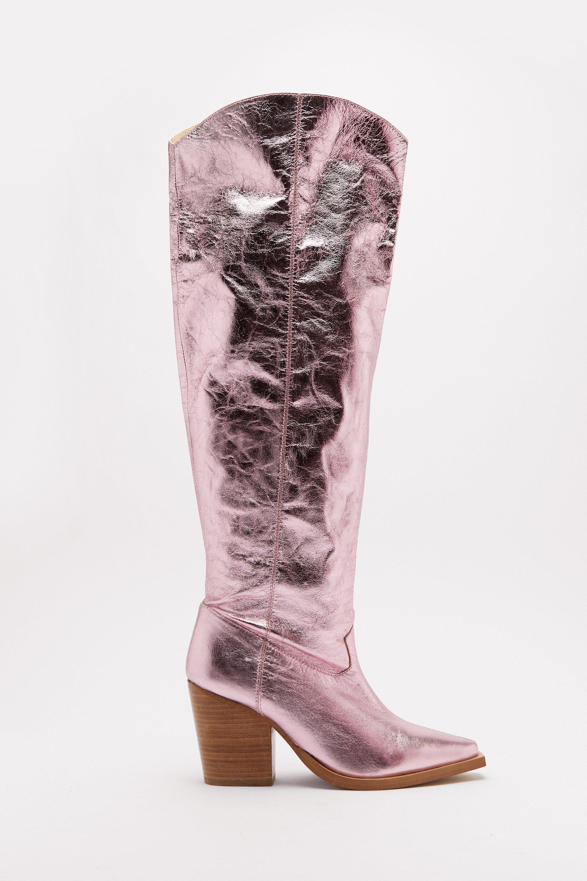 Leather Metallic Slouchy Knee High Cowboy Boots