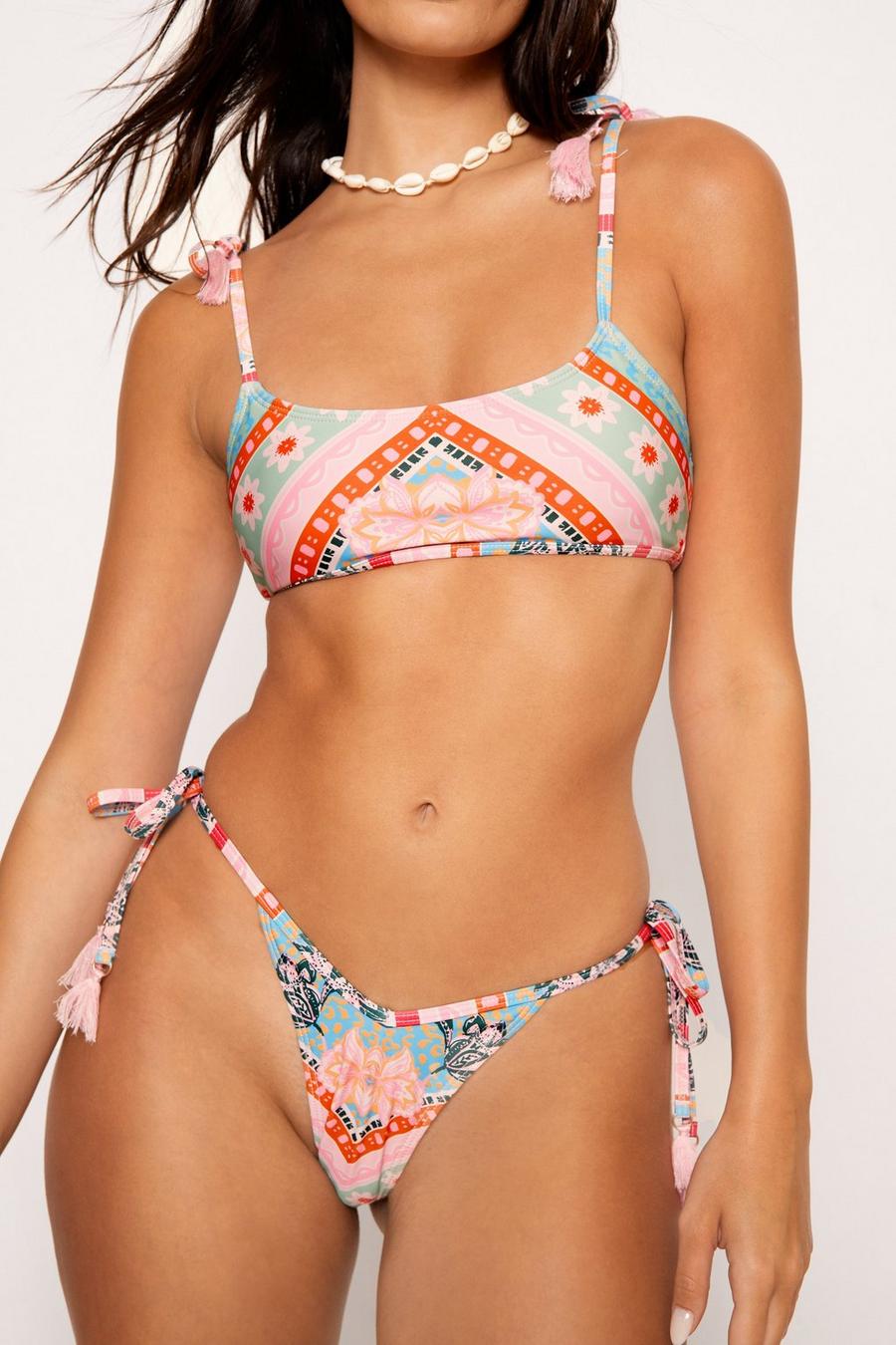 Floral Border Print Tassel Tie Shoulder Crop Bikini Set