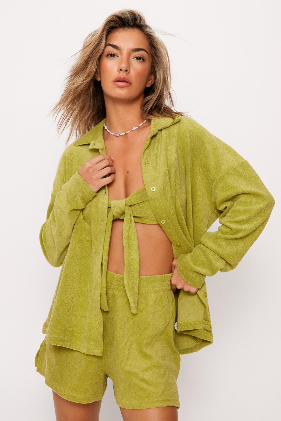 Olive Towelling Tie Front Bralette And Shirt 3pc Shorts Set image number 1