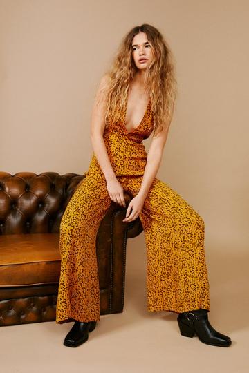 Animal Halter Plunge Wide Leg Jumpsuit yellow