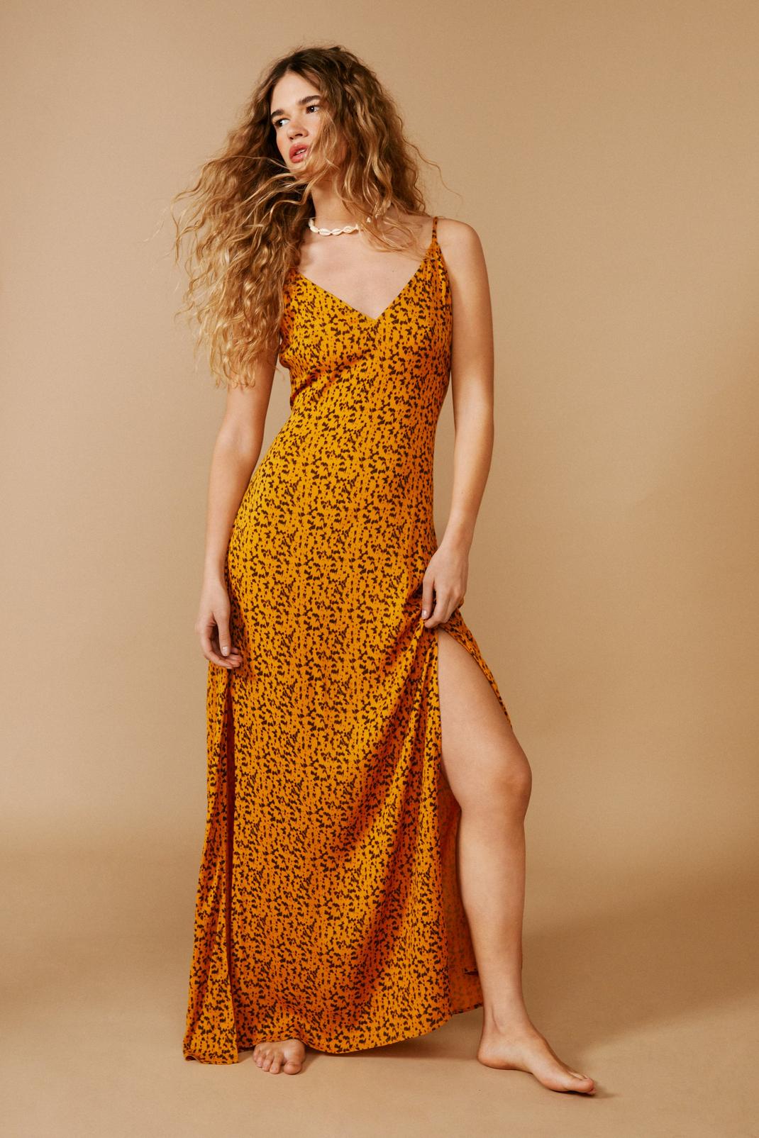 Yellow Animal Split Maxi Slip Dress image number 1