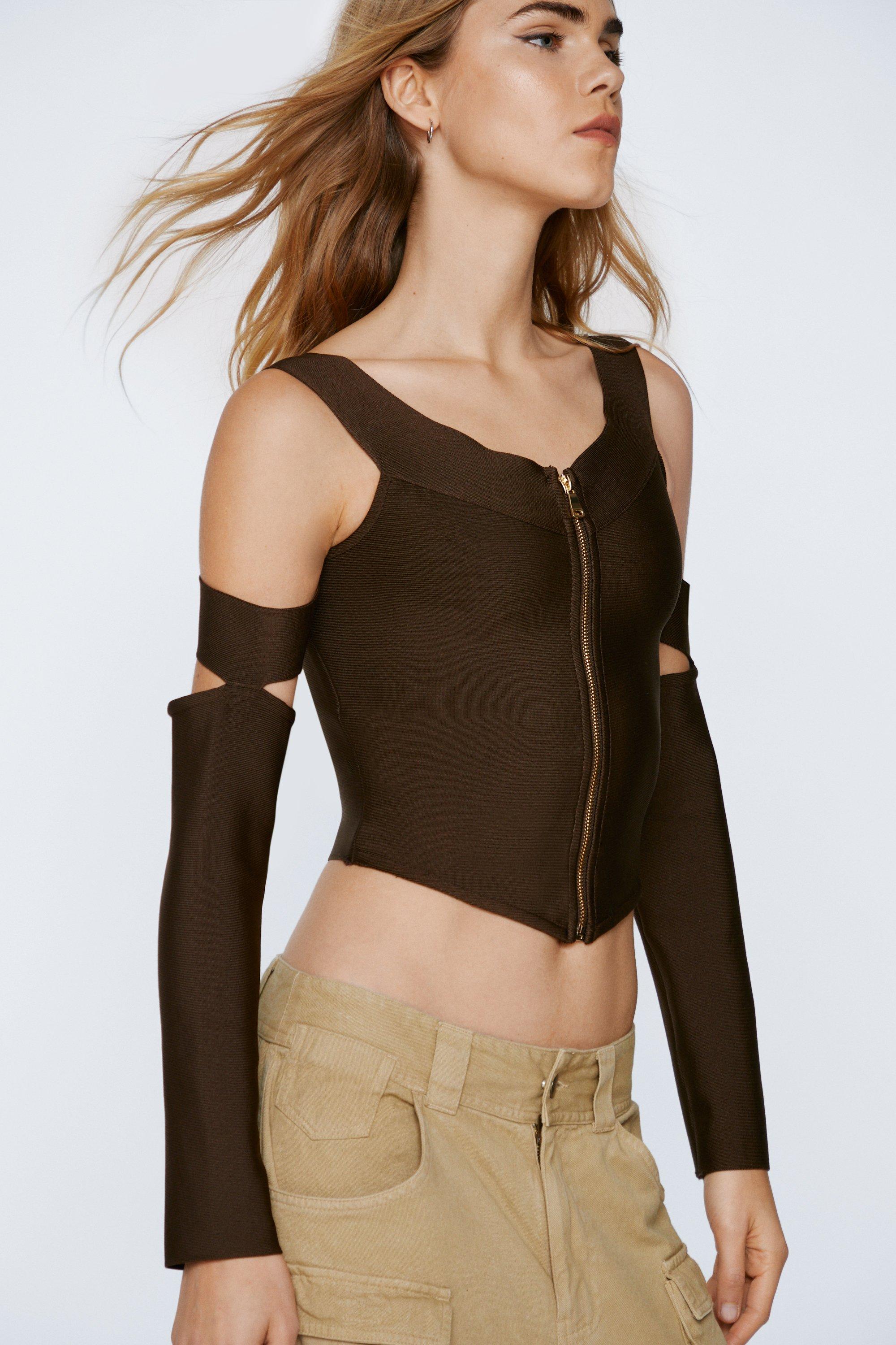 Cut-Out Bandage Wrap Cropped Open Cold Off Shoulder Long Sleeve Bra  Bralette Top 