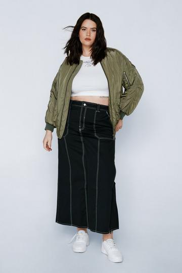 Black Plus Exposed Stitch Twill Low Rise Maxi Skirt