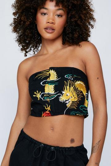 Embroidered Dragon Brushed Twill Corset Top black