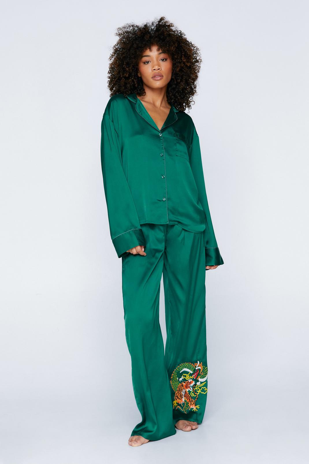 Emerald Embroidered Dragon Shirt and Trousers Pyjama Set image number 1