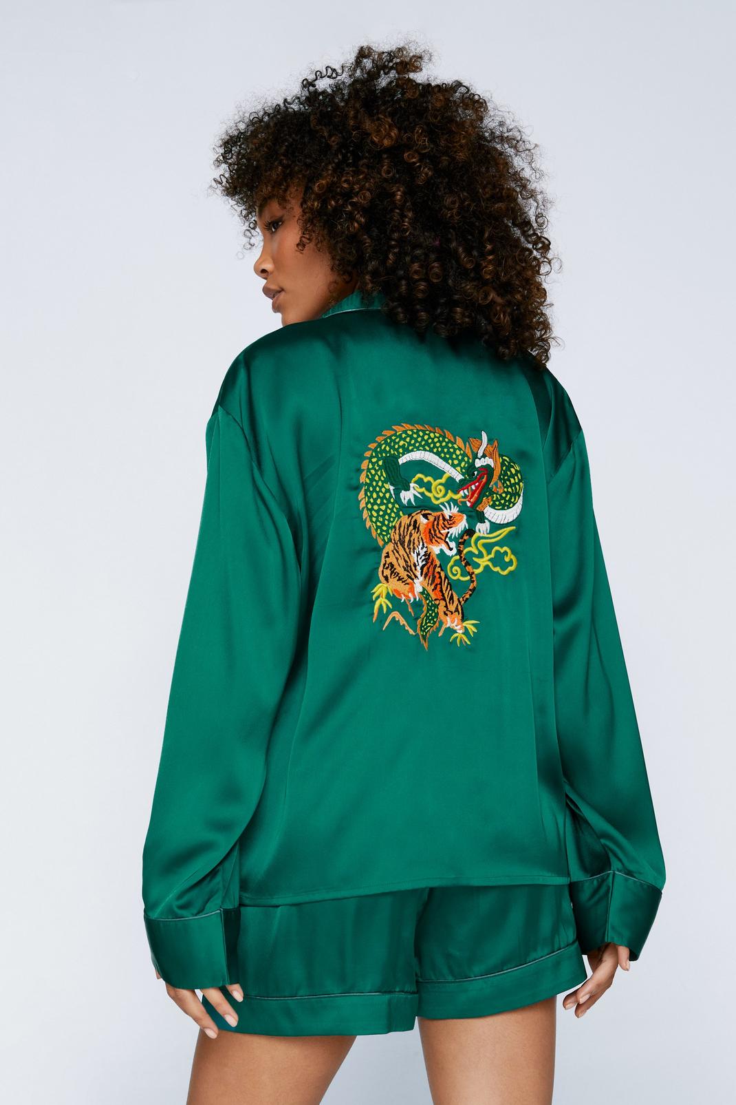 Emerald Embroidered Dragon Shirt & Shorts Pajama Set image number 1