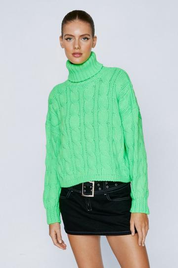 Roll Neck Cable Knitted Sweater bright green